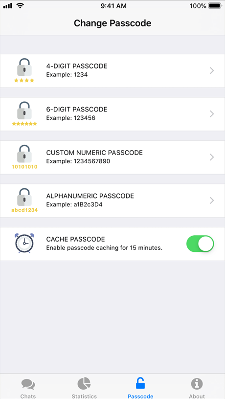 Change Passcode screen listing 4-digit, 6-digit, custom numeric and alphanumeric passcodes, plus passcode caching.