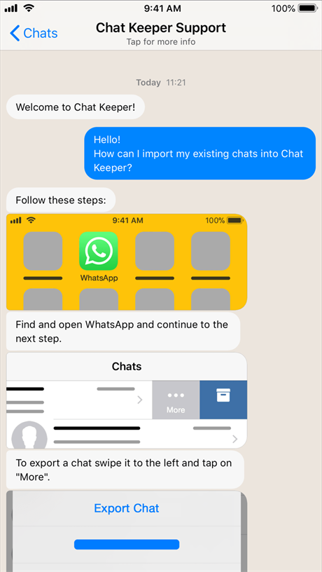 In-app support conversation walking through exporting a chat from WhatsApp.