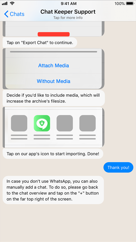 Import steps showing the Attach Media choice and sending the export to Chat Keeper.