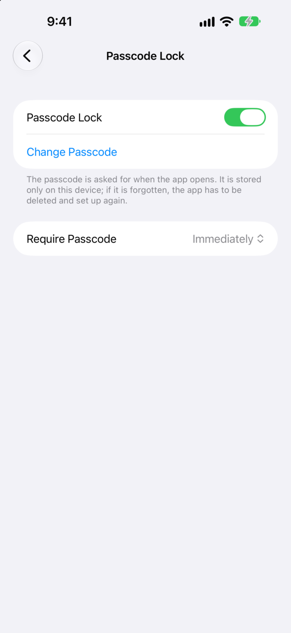 Passcode Lock with Face ID, and how soon the passcode is asked for again.